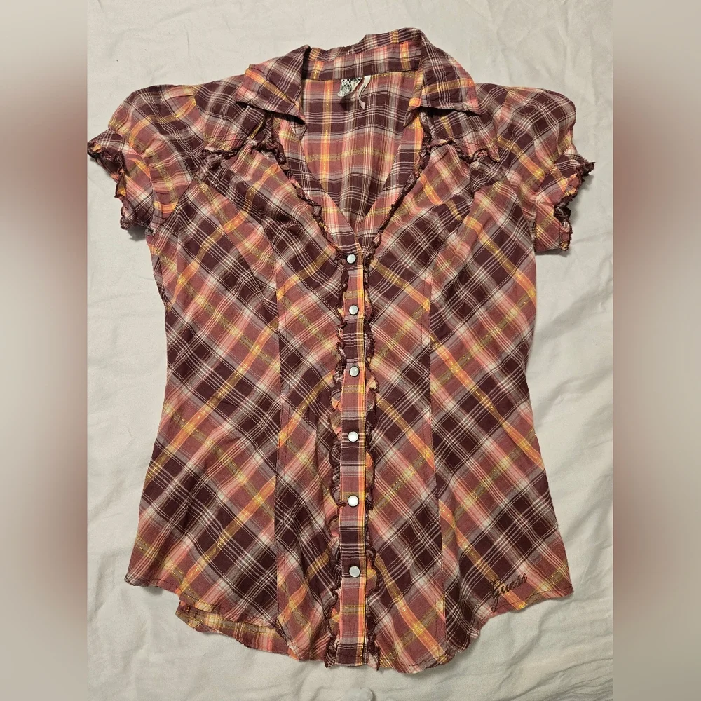 Guess Plaid V-Neck Button-down Shirt With Ruffles size XS. - Picture 5 of 12